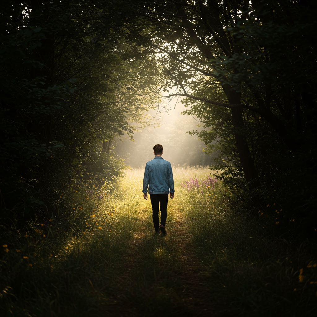 Path leading out of a dark forest